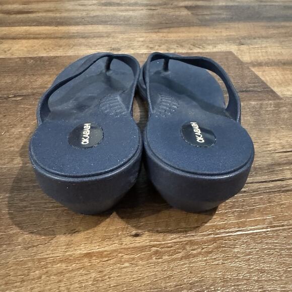 OKABASHI Breeze Flip Flops Woman’s Medium Blue Wedge Sandals Orthopedic Comfort - Picture 3 of 9